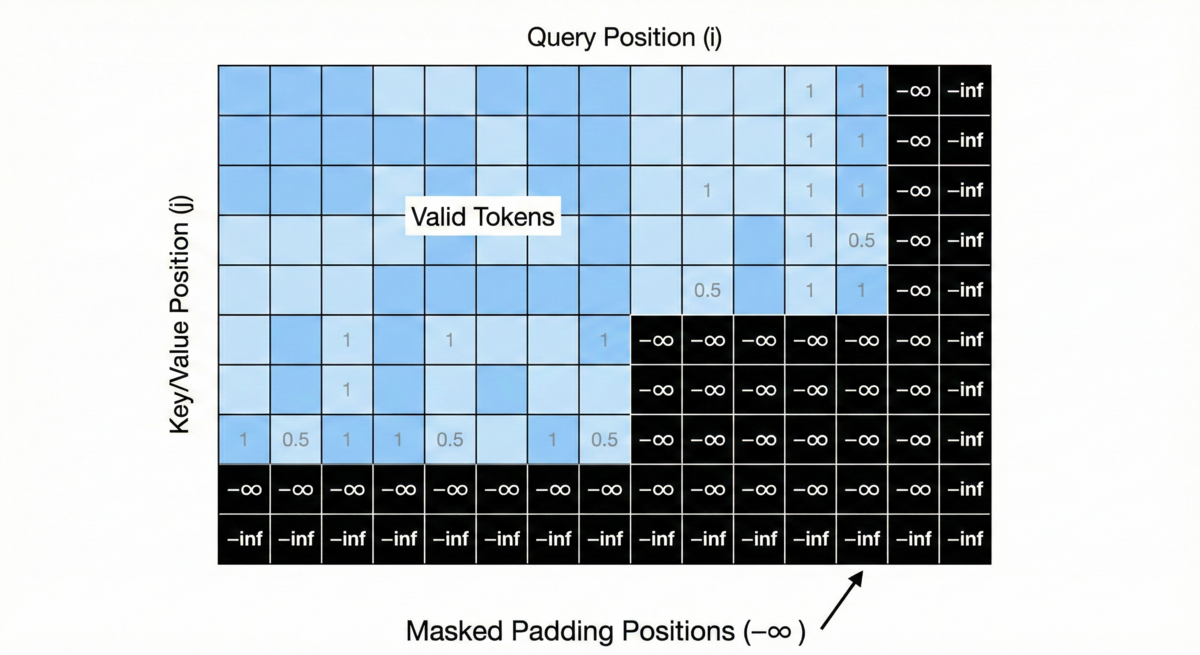 Attention mask matrix heatmap showing padding positions zeroed out with negative infinity