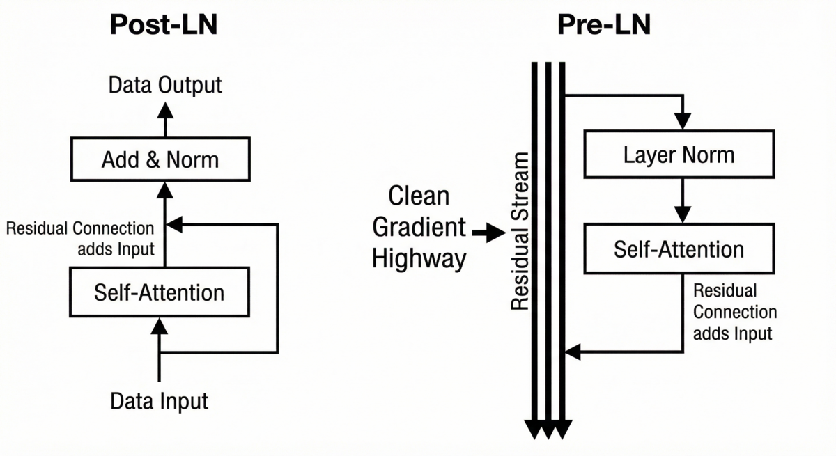 Diagram comparing the gradient flow in Post-LN versus Pre-LN transformer blocks